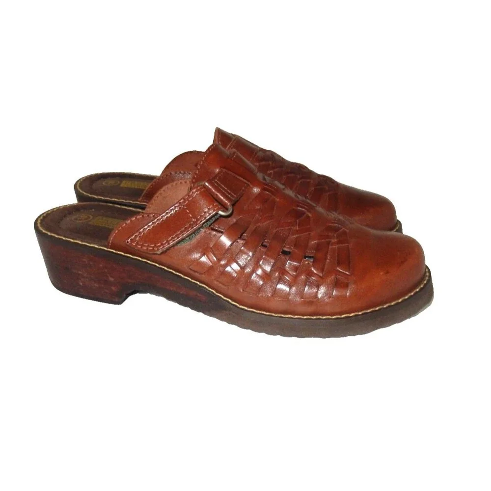 Vintage Predictions Braided Leather Mules Clogs Wood Slip-On's Women's 10 Brown